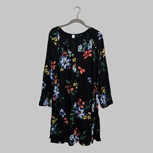 Old Navy Black Floral Mini Dress Long Sleeve Boho Cottagecore Tropical Resort M